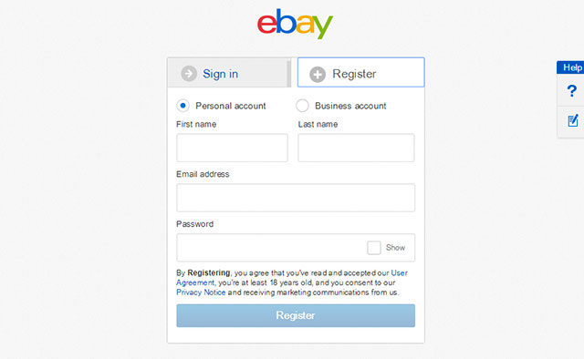 Форма регистрации/логина в Ebay
