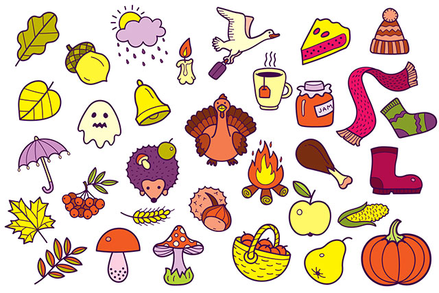 Autumn Hand Drawn Seamless Pattern And Icons